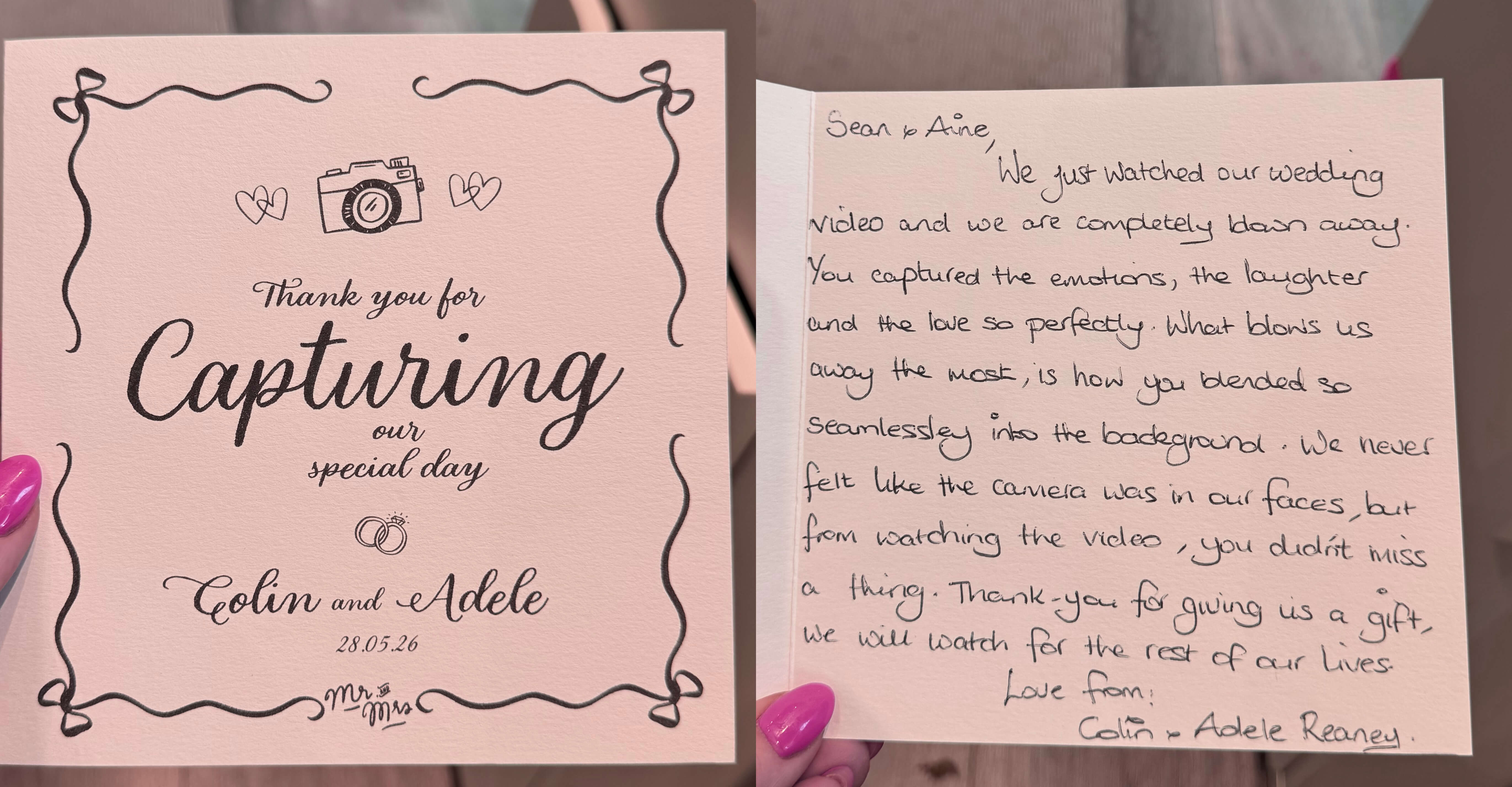 Handwritten thank you card from Colin and Adele Reaney to Purple Box Studios wedding videographers